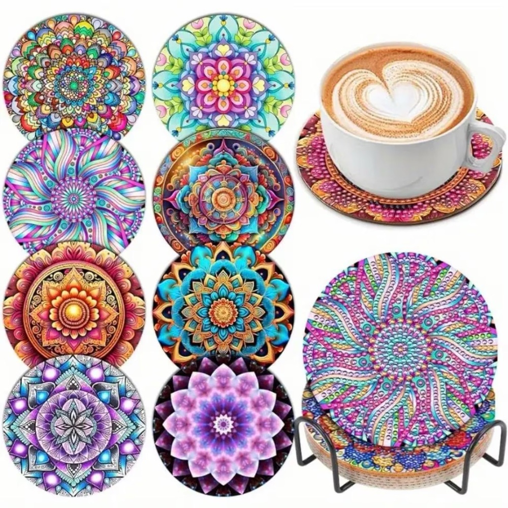 DIY 8 Datura Flower Coasters, 5D Diamond Painting Kit With Tools & Rhinestones
